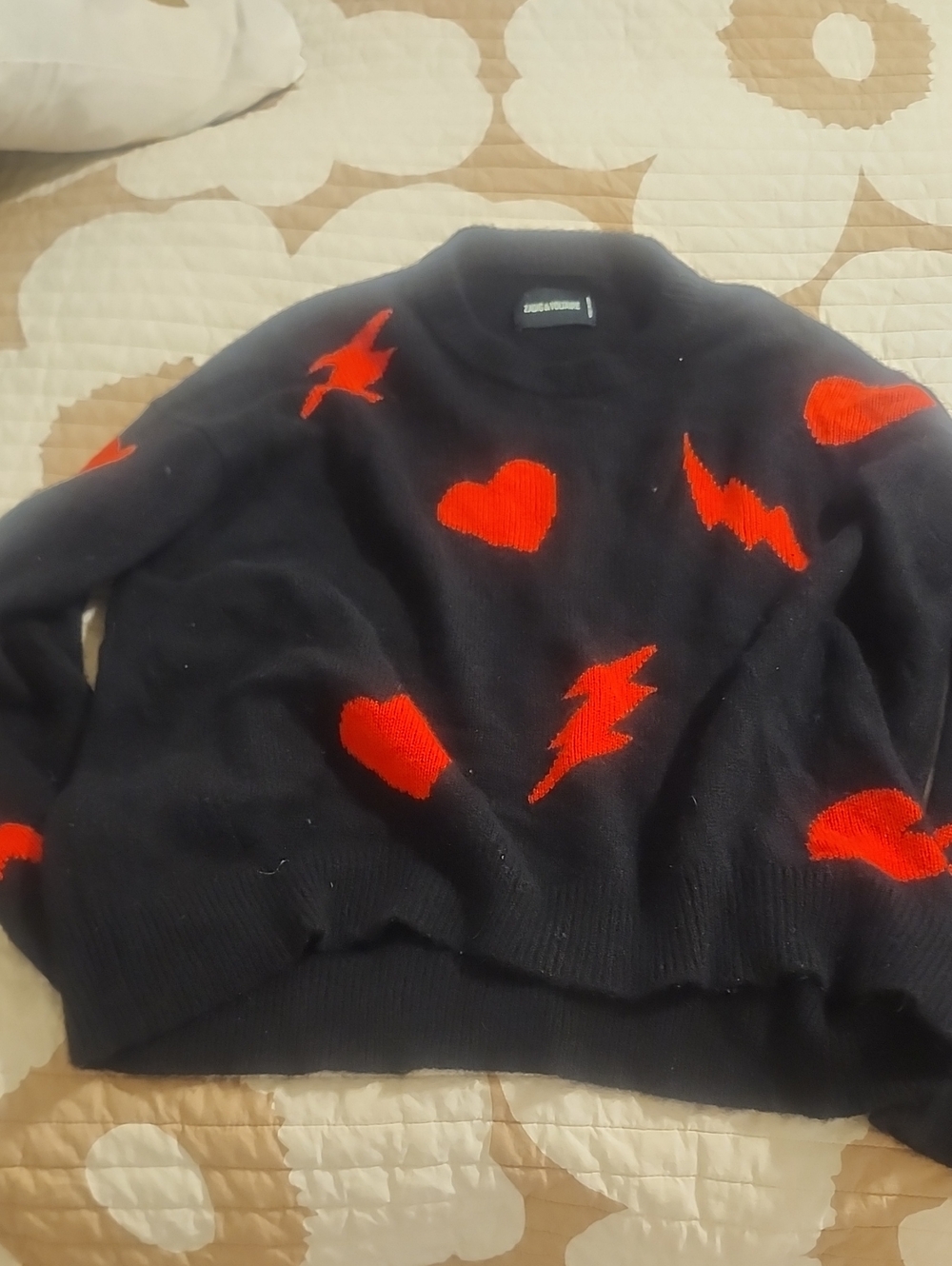 Zadig & Voltaire Black Crewneck Sweater with Red Heart & Lightning Motifs